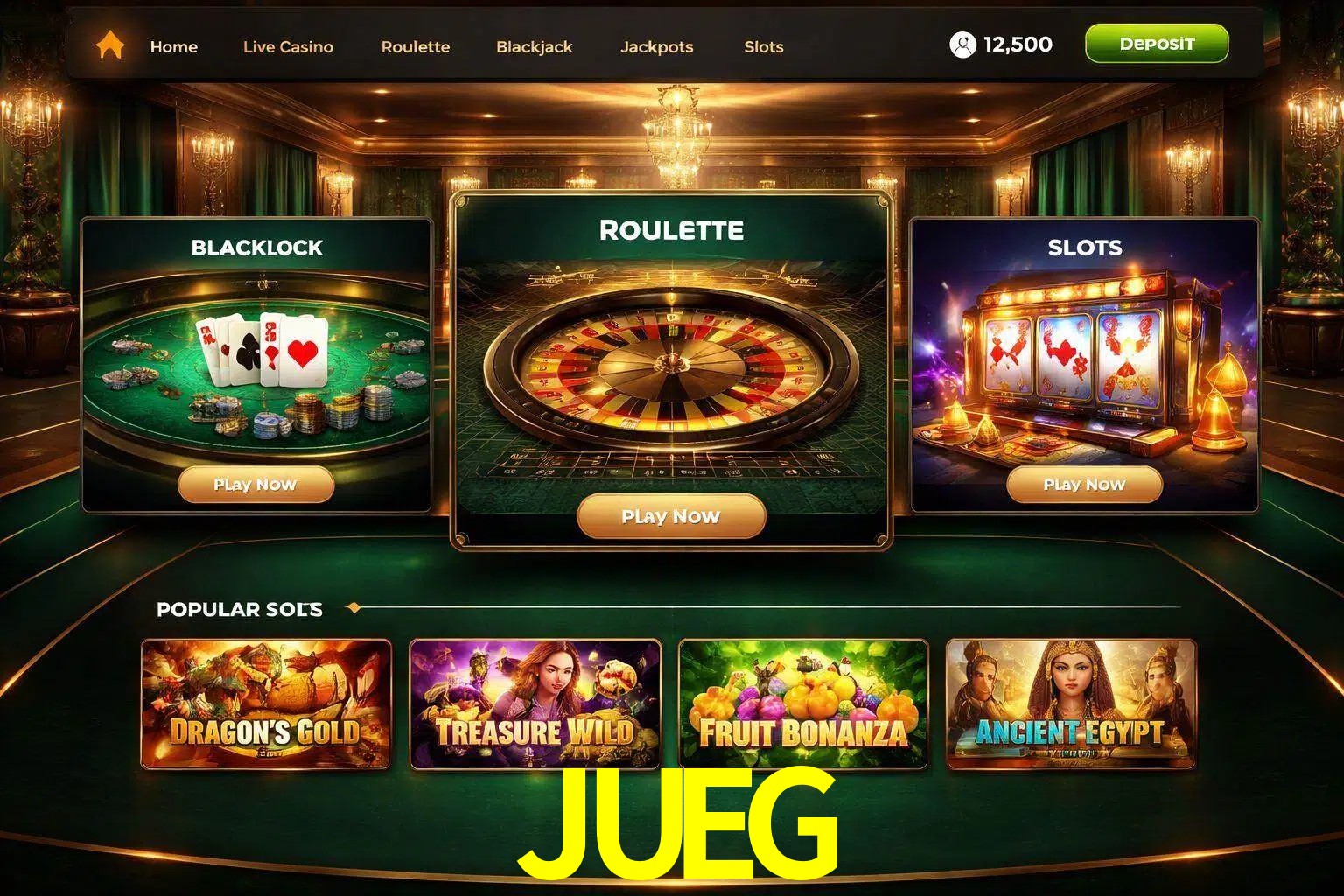 Vista de la plataforma JUEG Casino mostrando categorías organizadas de juegos en línea