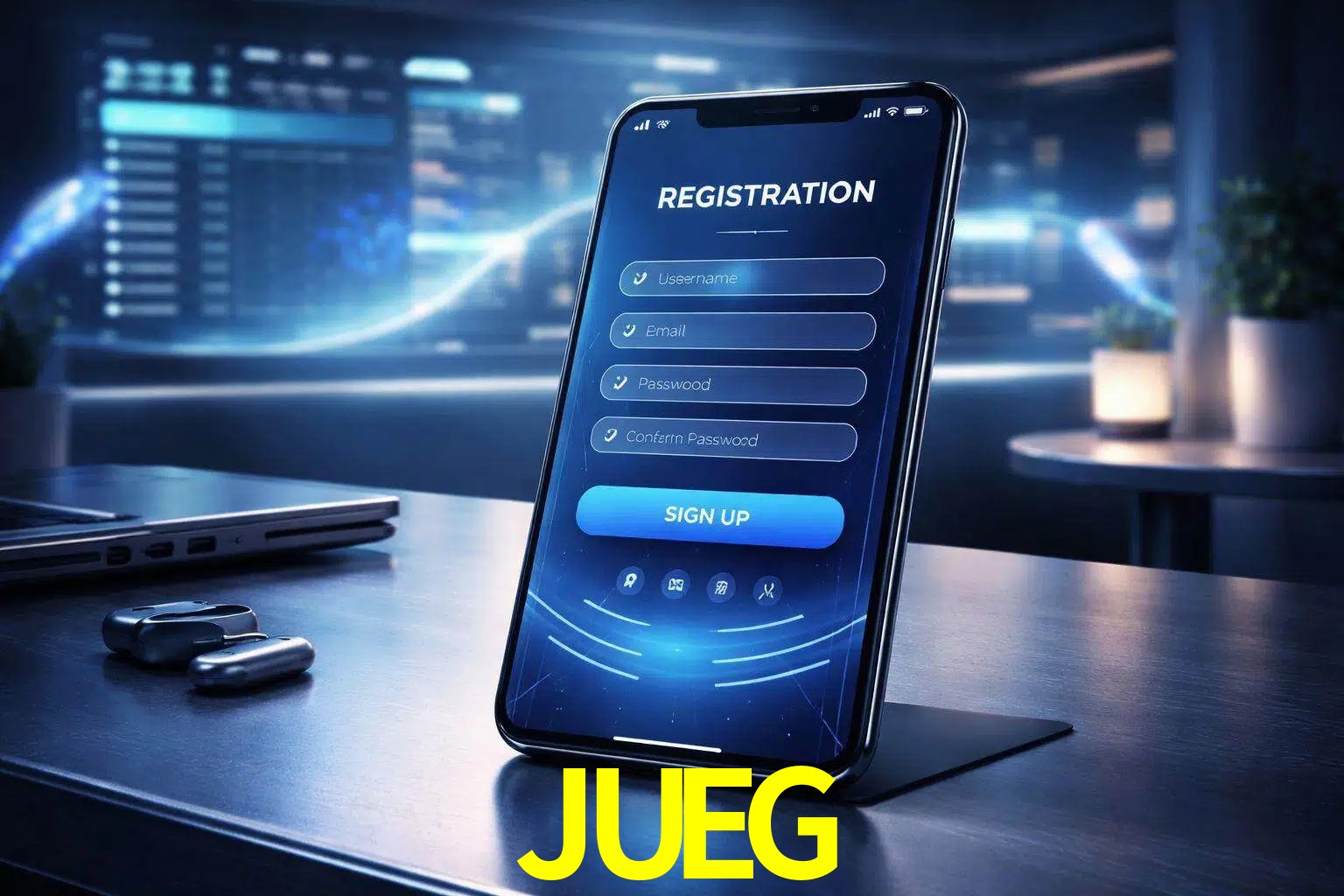 Una interfaz moderna de registro móvil para JUEG mostrada en un smartphone con un panel de apuestas elegante.